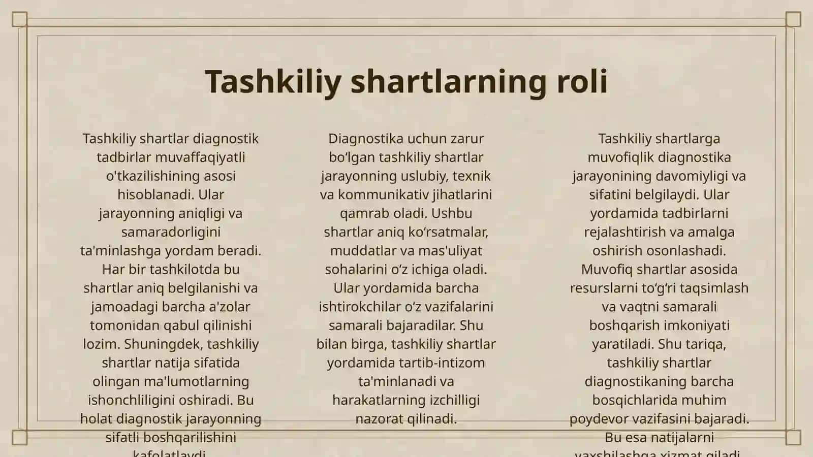 DIAGNOSTIK TADBIRLARNI O'TKAZISHGA QO‘YILADIGAN TASHKILIY-PEDAGOGIK TALABLAR 3