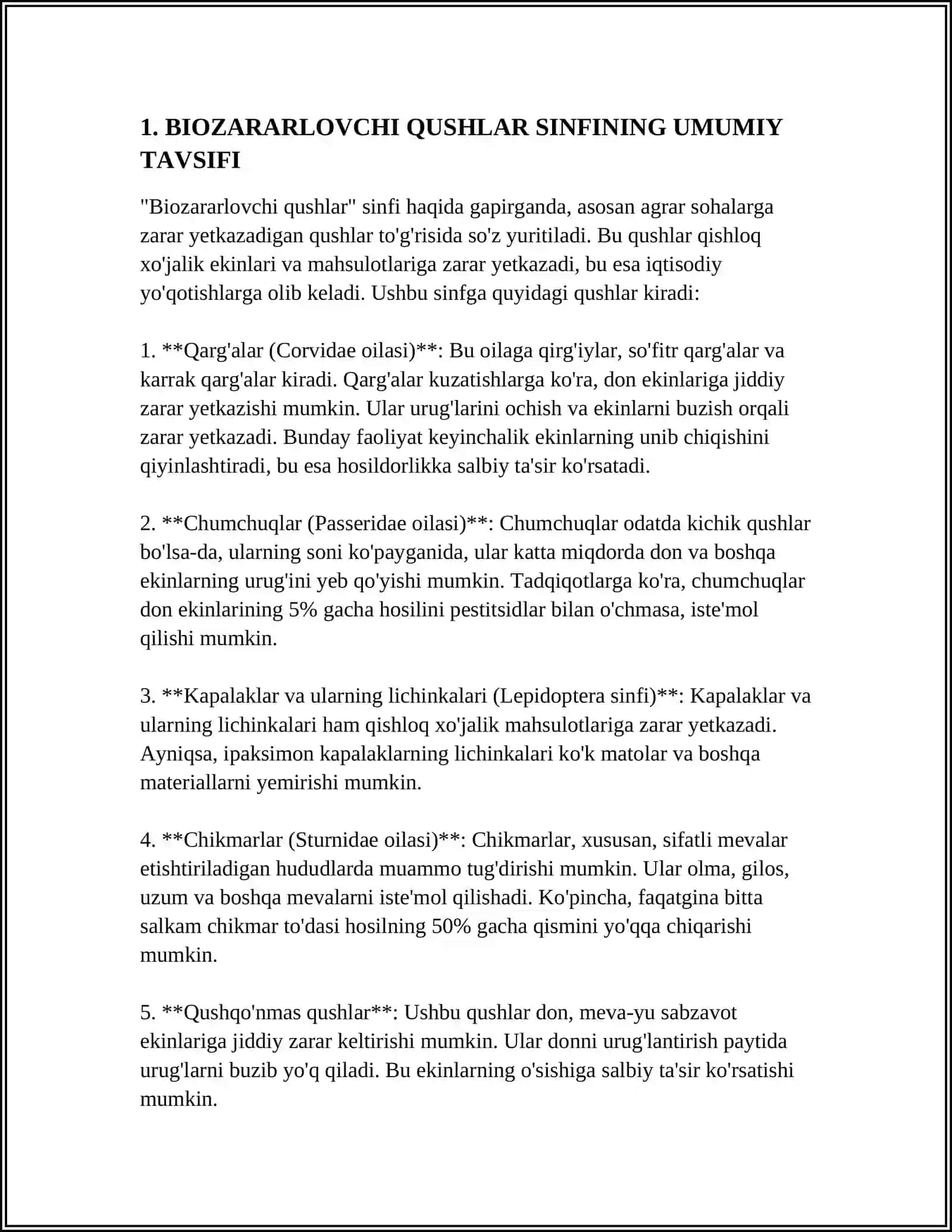 BIOZARARLOVCHI QUSHLAR SINFINING UMUMIY TAVSIFI. QUSH GURUHLARINING SISTEMATIK STATUSI 3