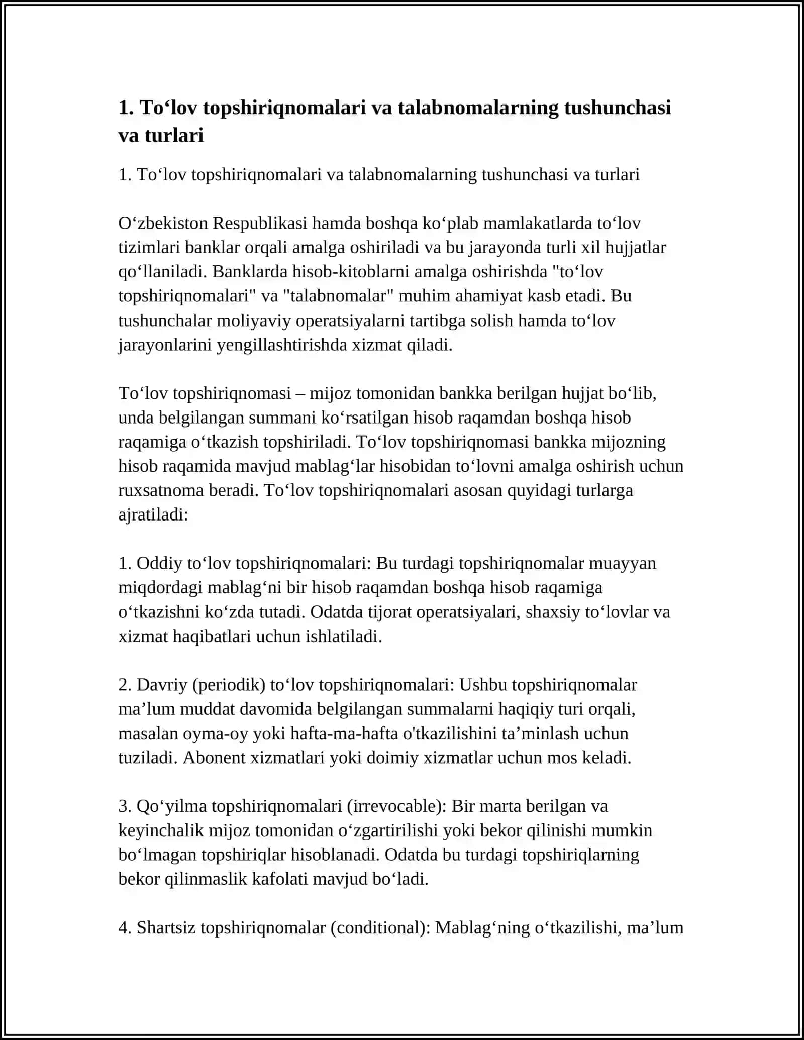 BANKLARDA TO‘LOV TOPSHIRIQNOMALARI VA TALABNOMALARI BILAN HISOB-KITOBLARNING HISOBI 3