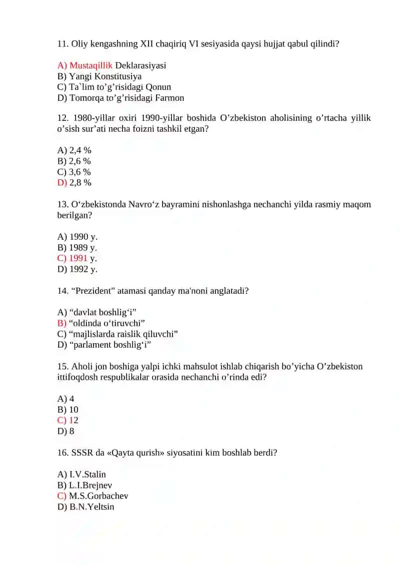 Mustaqillikka erishish arafasida O‘zbekistondagi ijtimoiy-siyosiy jarayonlar Test savollari 3