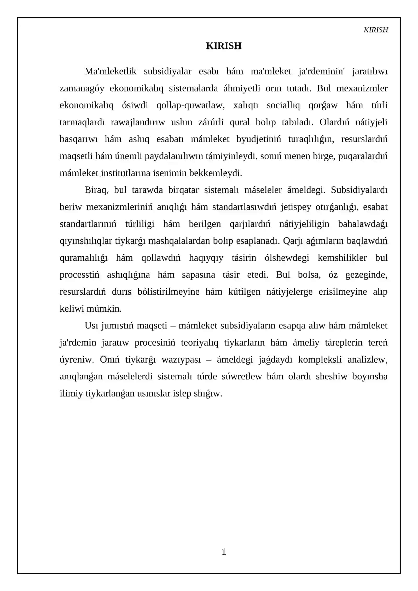 Ma'mleket subsidiyalar esabi ha'm ma'mleket ja'rdeminin' jaratiliwi 3