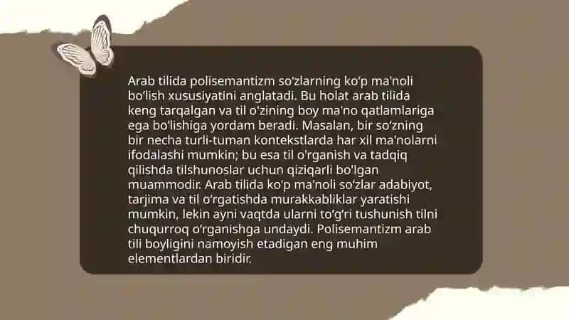 ARAB TILIDAGI MATNNI O'QIB, UNDAGI POLISEMANTIZMLARNI ANIQLASH; SO'Z MA'NOLARIGA E'TIBOR QARATISH 3