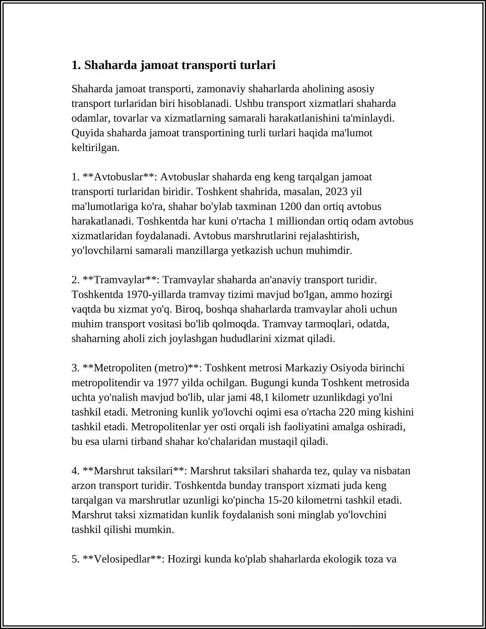 SHAHAR TRANSPORTI TAVSIFI, YUTUQLARI VA RIVOJLANTIRISH MUAMMMOLARI 3