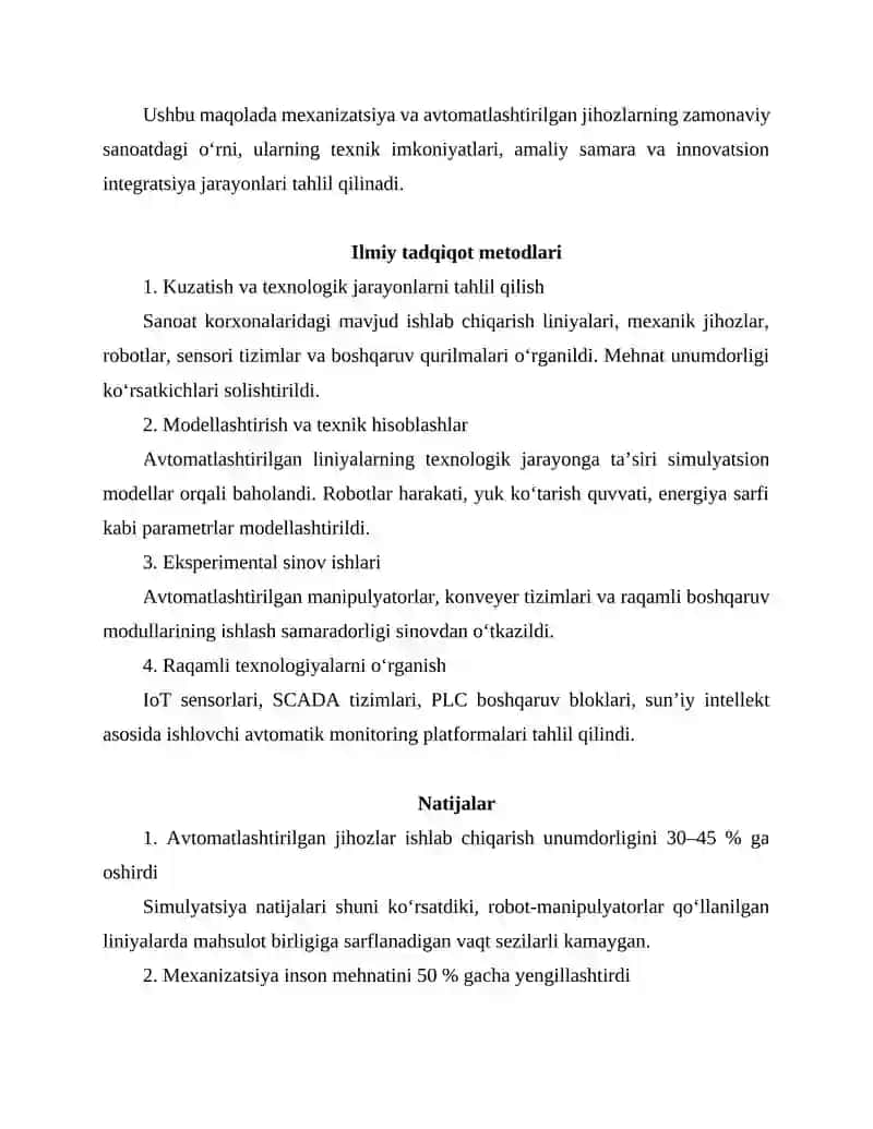 MEXANIZATSIYA VA AVTOMATLASHTIRILGAN JIHOZLARNING ZAMONAVIY SANOATDA QO‘LLANILISHI 3