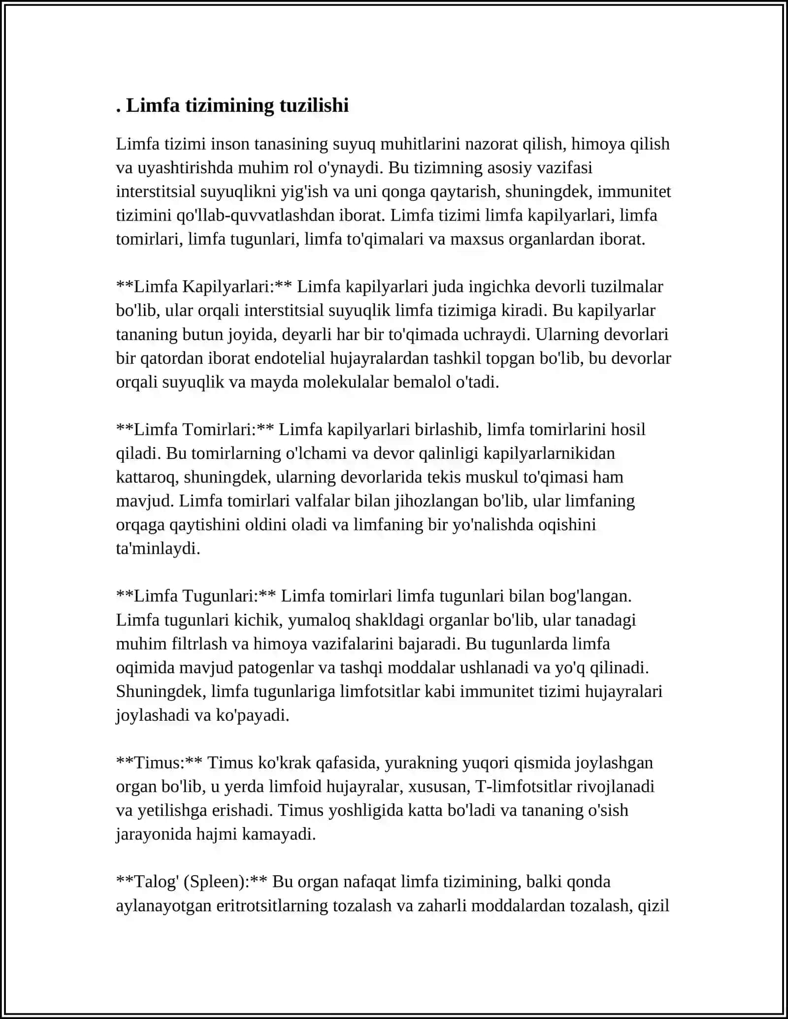 MUSTAQIL ISH Mavzu: LIMFANING HOSIL BOʻLISHI,TARKIBI VA VAZIFALARI 3