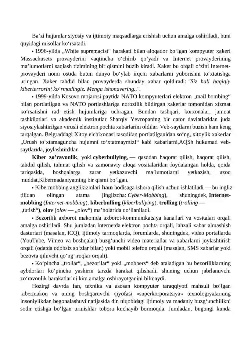 Kiber makon, kiber terrorizm, kiber zoʼravonlik tushunchalari 3