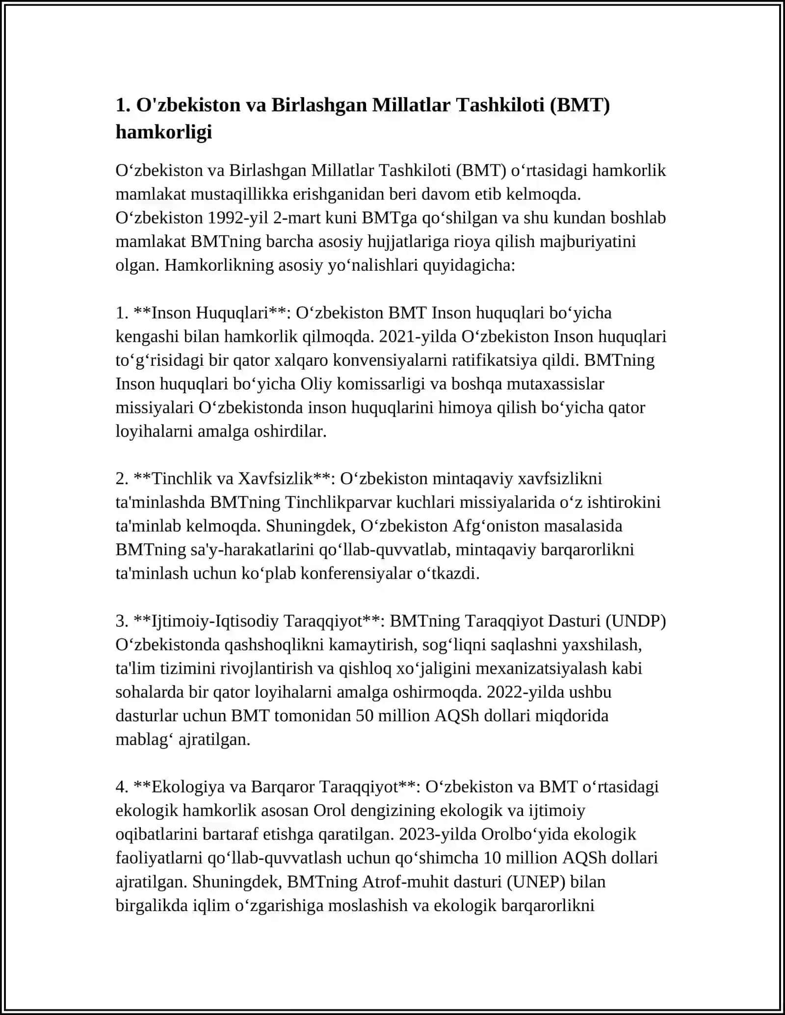 O'ZBEKISTONNING XALQARO TASHKILOTLAR BILAN HAMKOPLIK ALOQALARI 3
