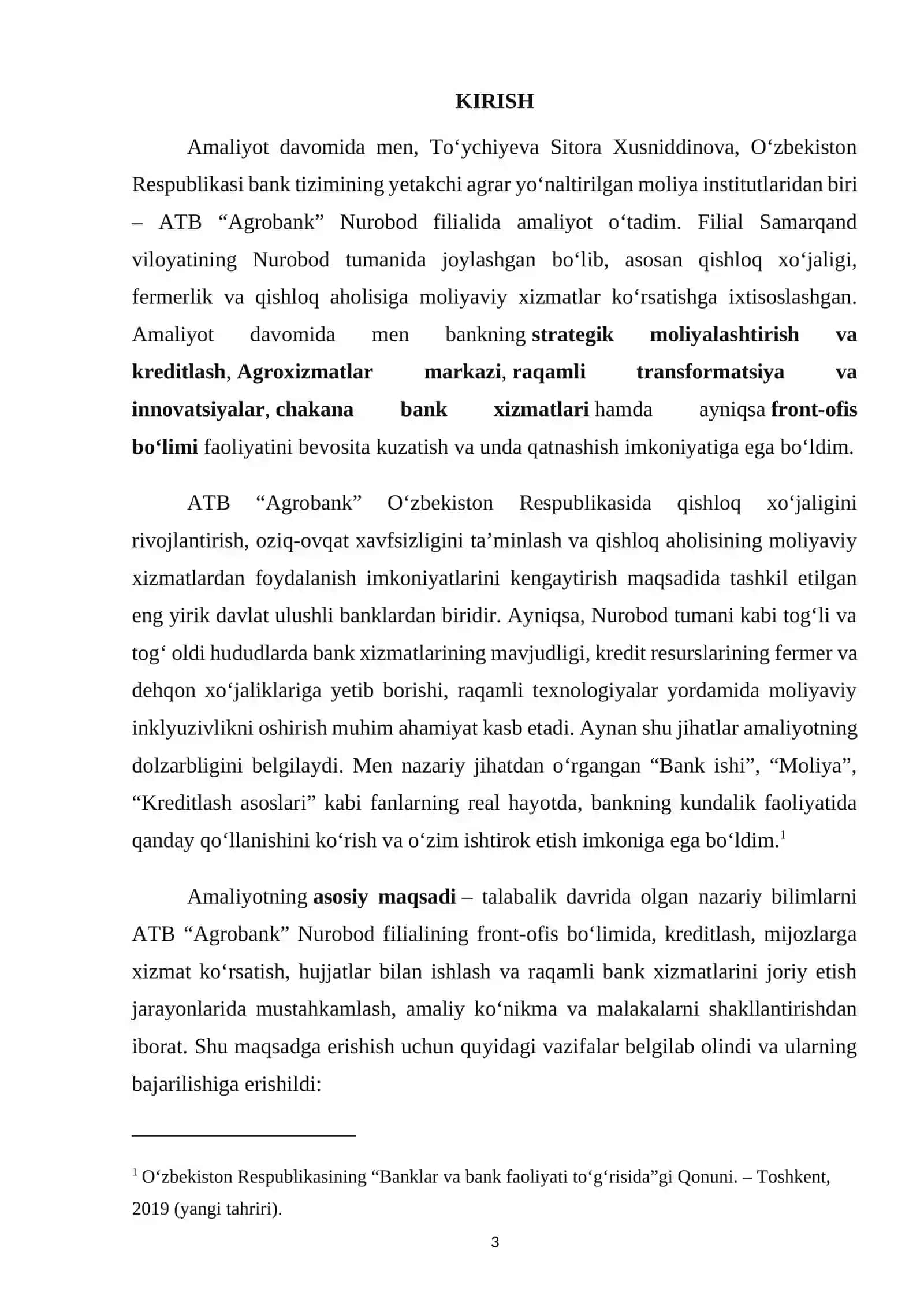 ATB "Agrobank" Nurobod filialida o‘tagan AMALIYOT HISOBOTI 3
