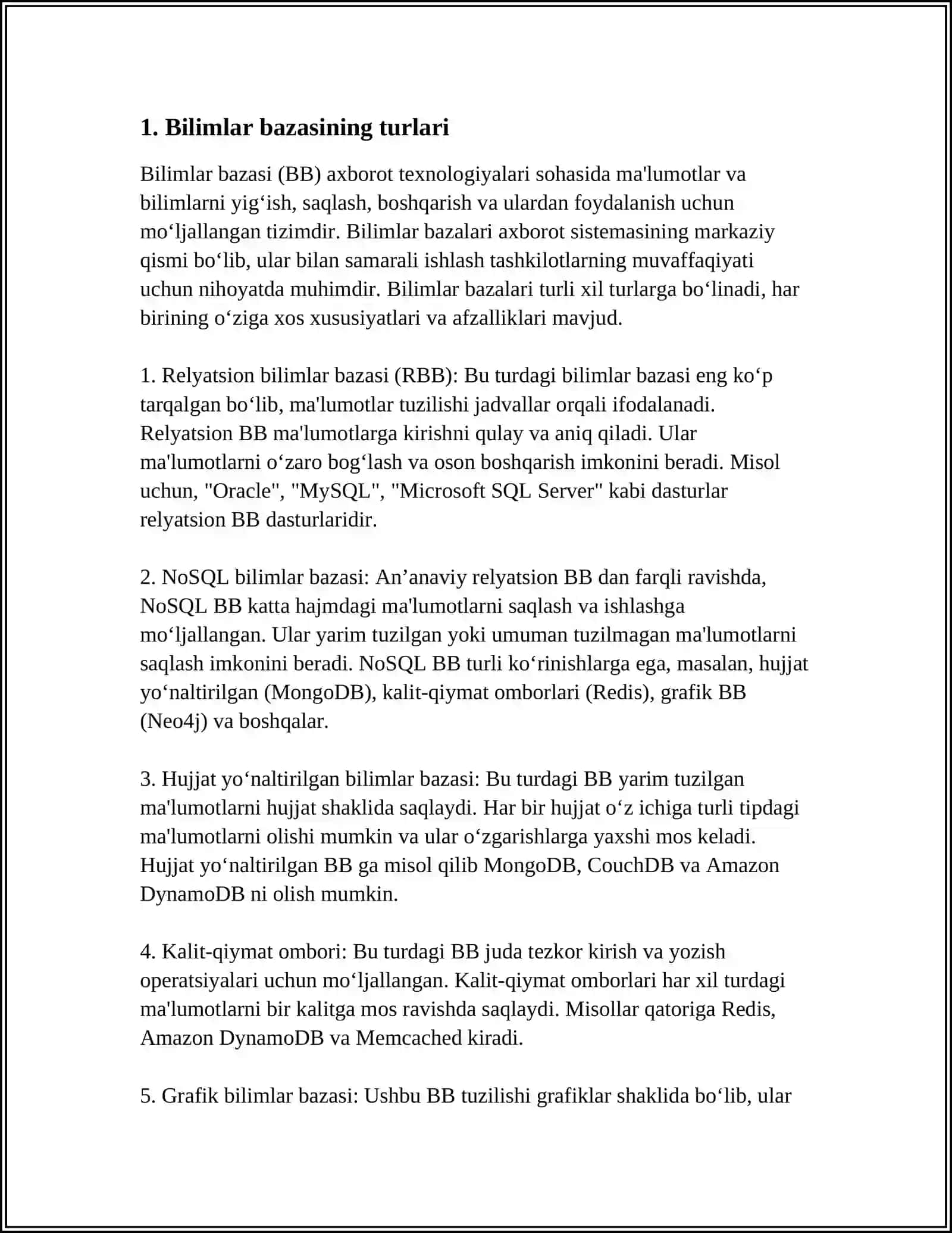BILIMLAR BAZASI VA BILIMLARNI NAMOYISH QILISH MODELLARI TAHLILI 3