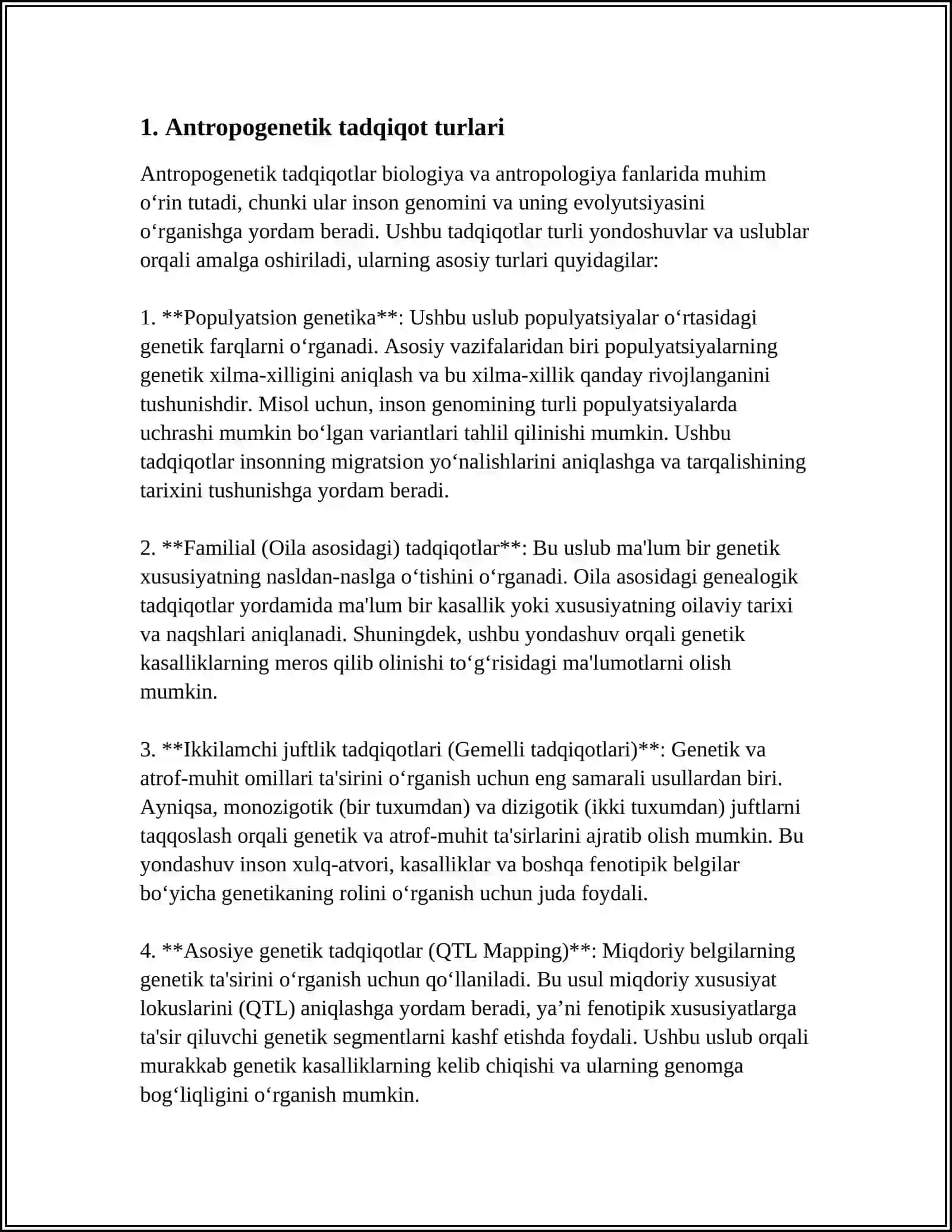 ANTROPOGENETIKA. ODAM IRSIYATINI OʻRGANISH USULLARI. GENEOLOGIK VA EGIZAKLAR USULI 3