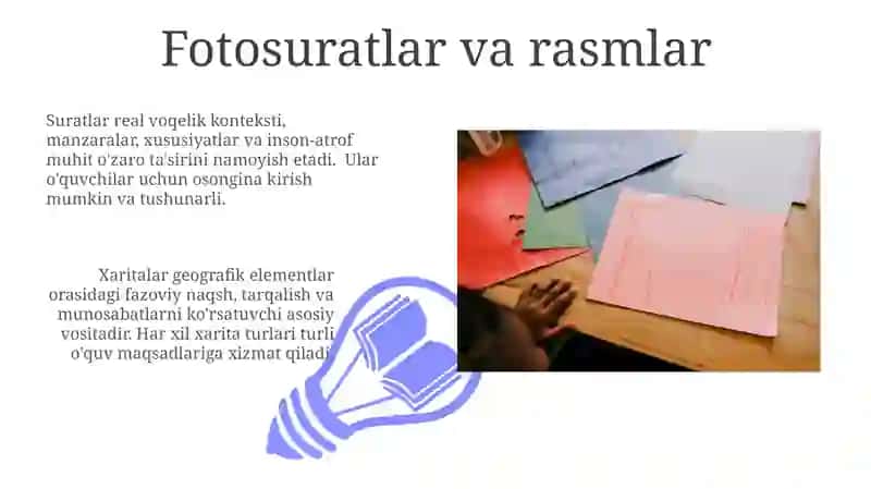 Geografiyani oʻqitishda foydalaniladigan koʻrgazmali qurollarning turlari 3