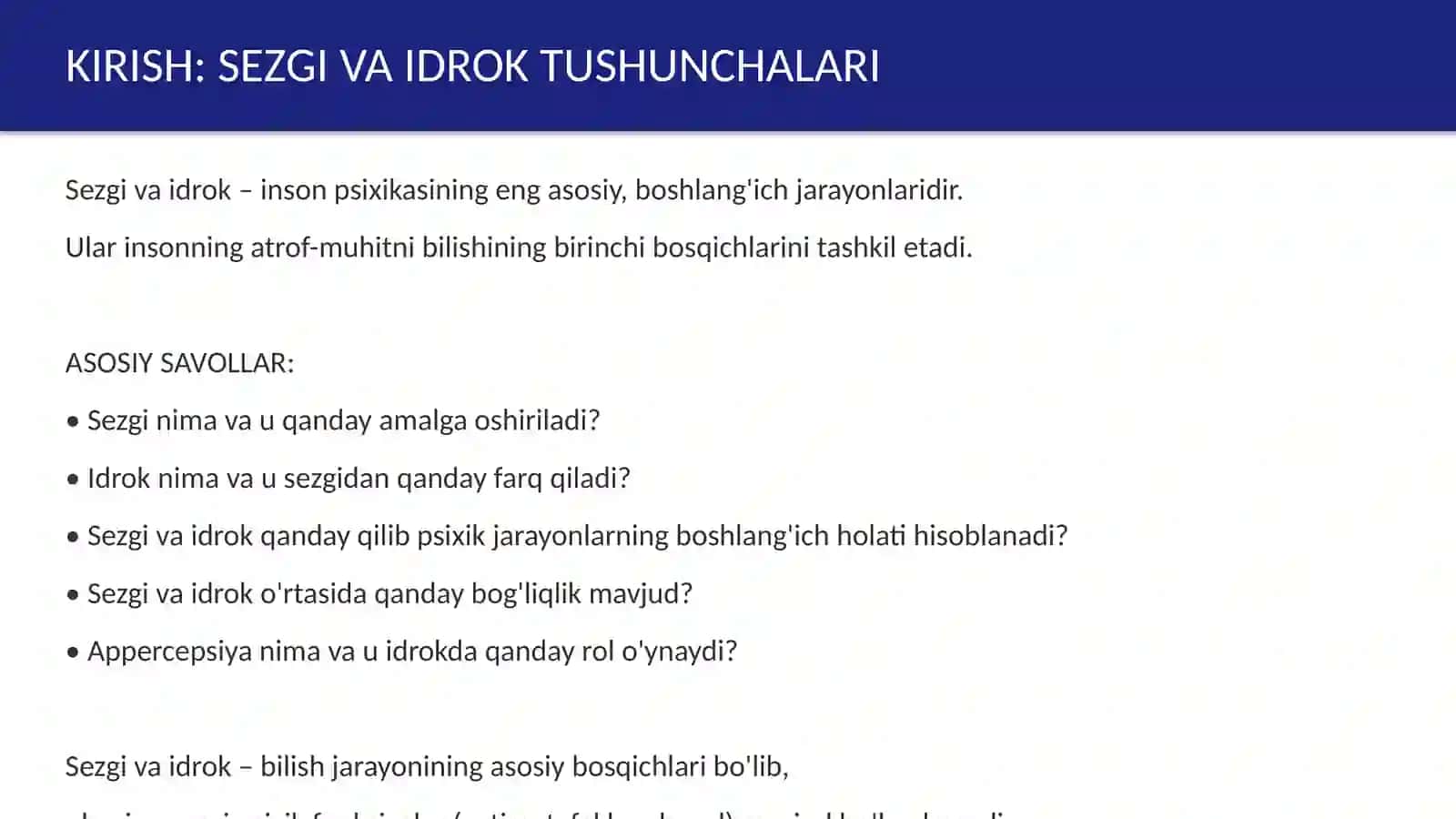 Sezgi va idrok psixik jarayonlarning boshlangʻich holati sifatida 3