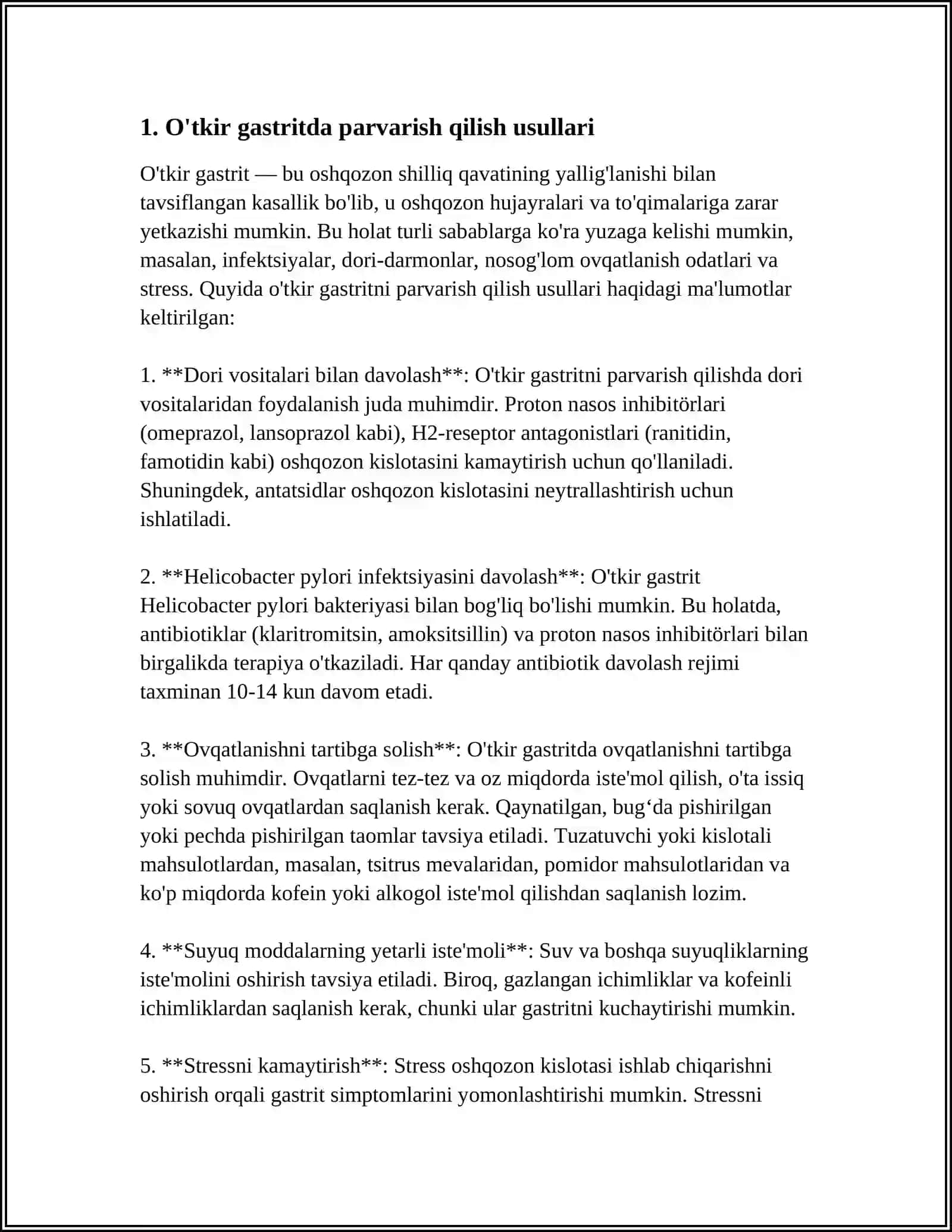 O'TKIR VA SURUNKALIK GASTRITLAR YARA KASALLIGIDA BEMORLARNI PARVARISH QILISH 3