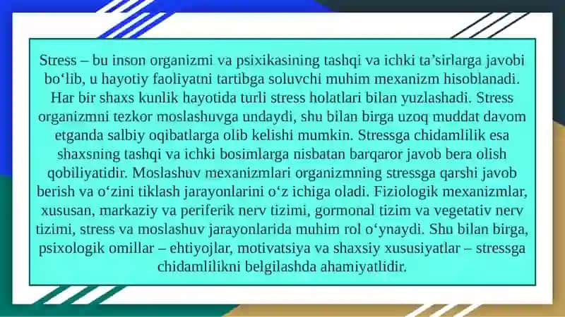 Stressga chidamlilik va moslashuvning fiziologik mexanizmlari 3