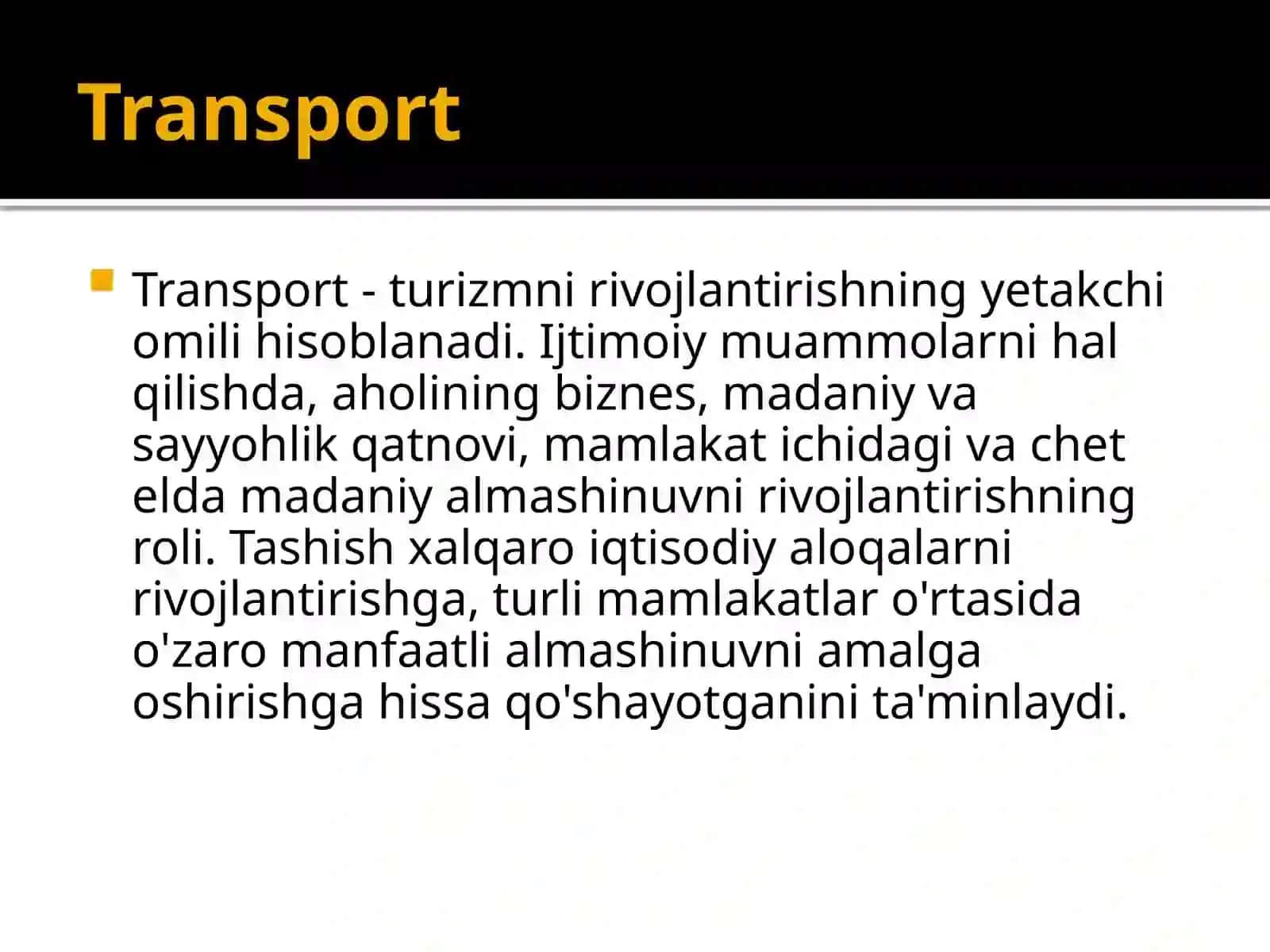 Turizm sohasida transport darajasi, turar joylarning tasniflanishi 3