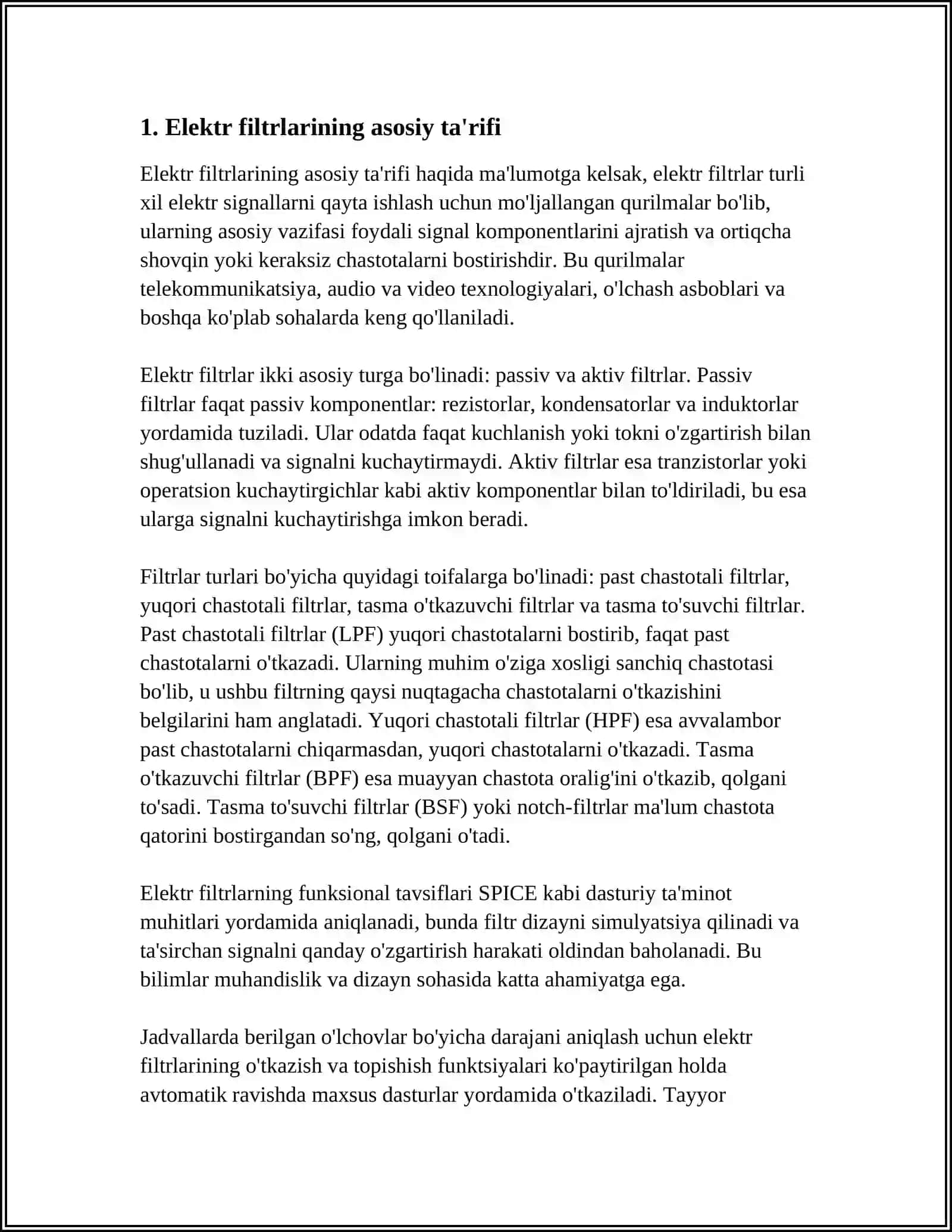 ELEKTR FILTRLARI (EF), TA’RIFLAR, TURLARI. EFNI XISOBLASHDA TAVSIFLARNI ME’YORLASH VA CHASTOTANI ÓZGARTIRISH 3