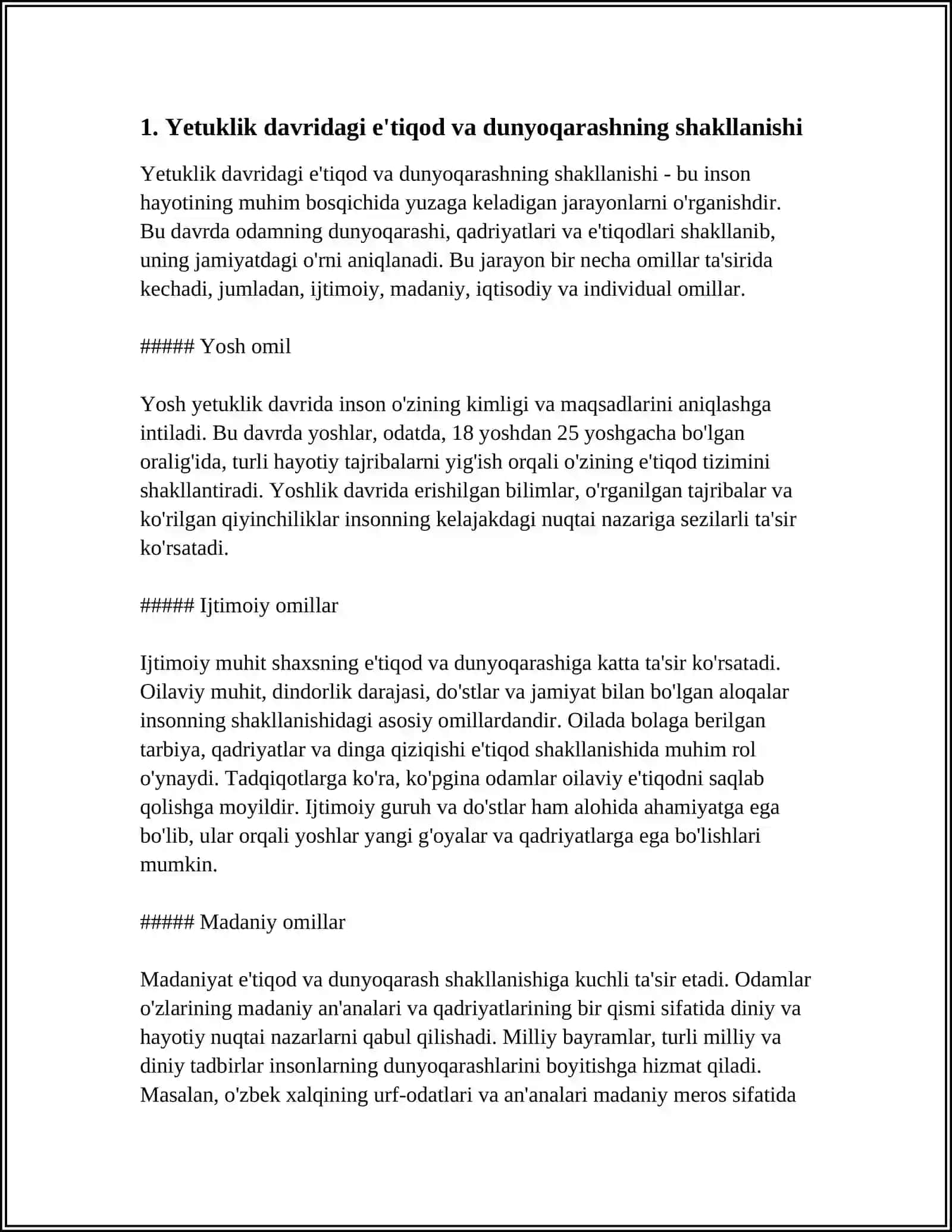 YETUKLIK DAVRIDA E’TIQOD VA DUNYO QARASH; YOSHLIK DAVRIDAGI HAYOT VA FAOLIYAT; ILK O‘SPIRINLIK DAVRIDAGI INQIROZLAR; ILK O‘SPIRINLIK VA KASB TANLASH 3