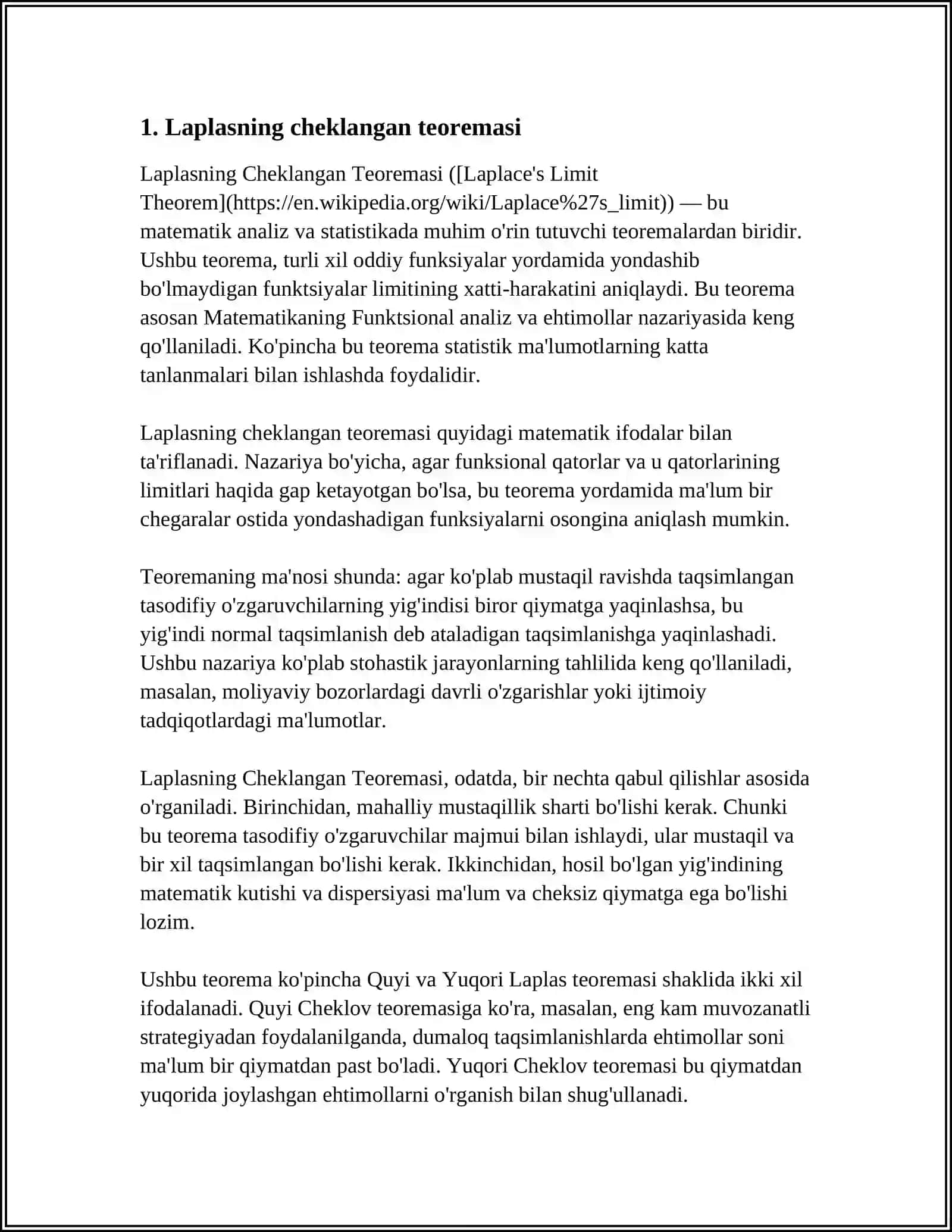 MUAVR-LAPLASNING LIMIT TEOREMALARI VA ULARNING TADBIQLARI 3