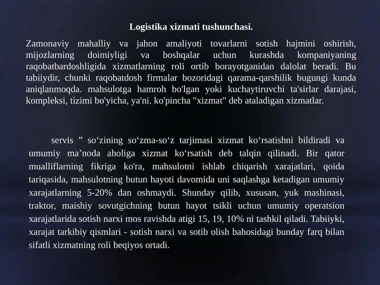 Reja: Logistika xizmati tushunchasi 3