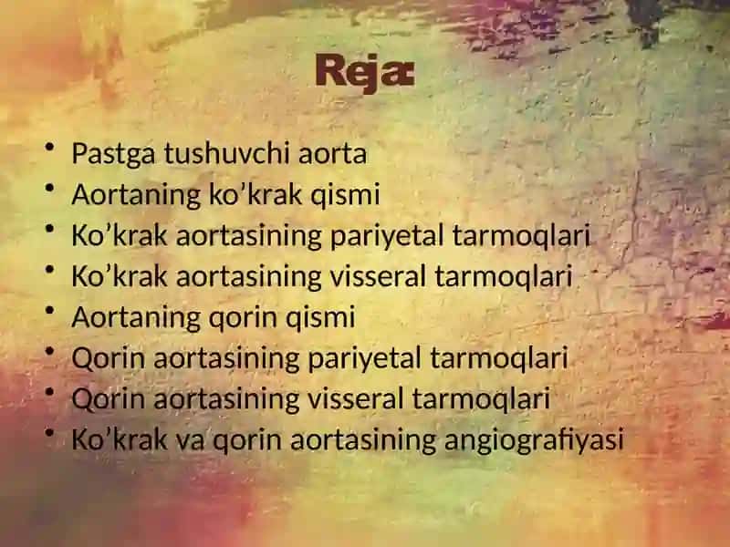 16-mavzu:Ko`krak va qorin aortasi. Asosiy tarmoqlari, ichki a`zolarning qon bilan taminlanishi. 3