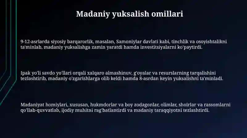 9-12-asrlarda mamlakatlar hududida roʻy berayotgan ma'daniy uygʻonishlar 3