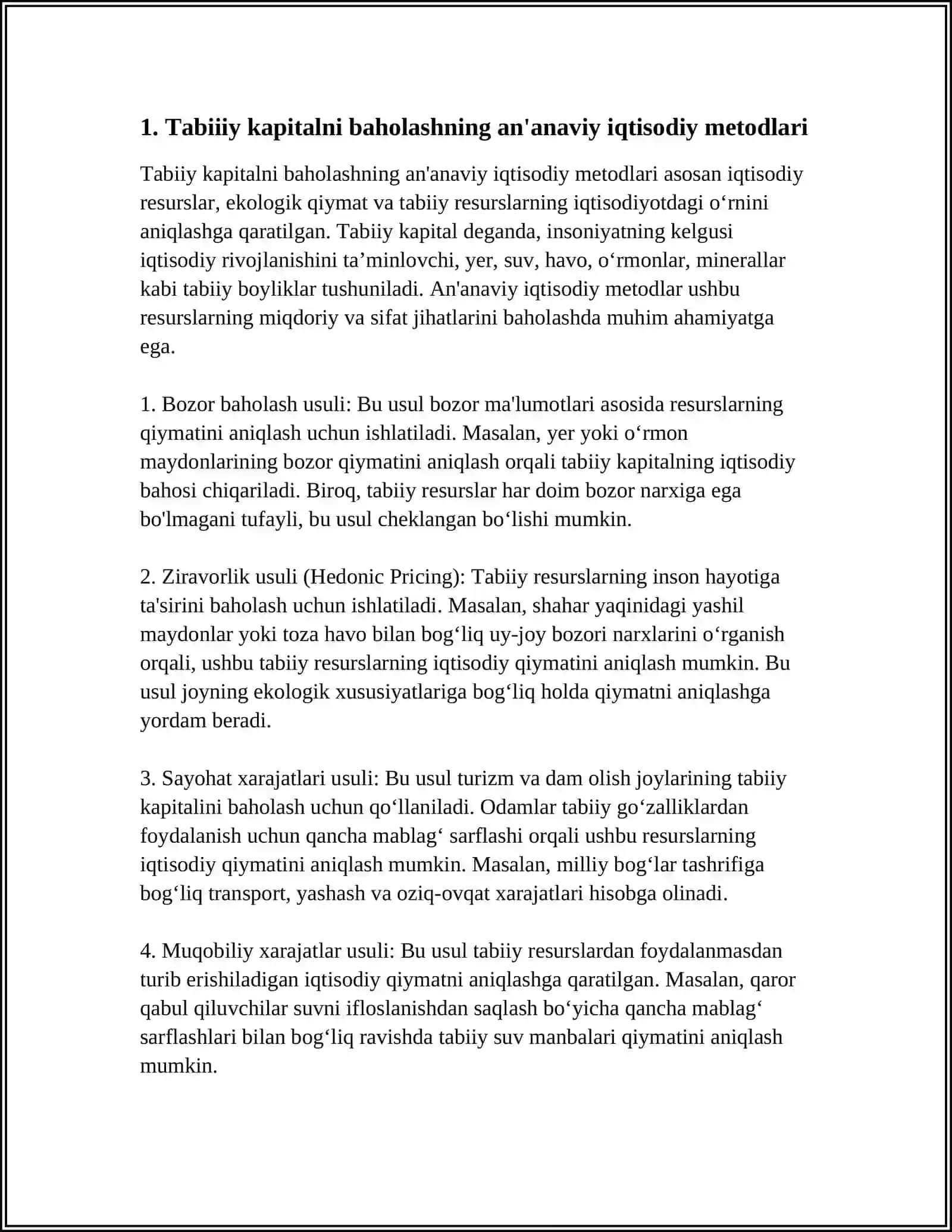 TABIIY KAPITALNI BAHOLASHNING IQTISODIY MATERIKLARI.YAIM ALTERNATIVLARI 3