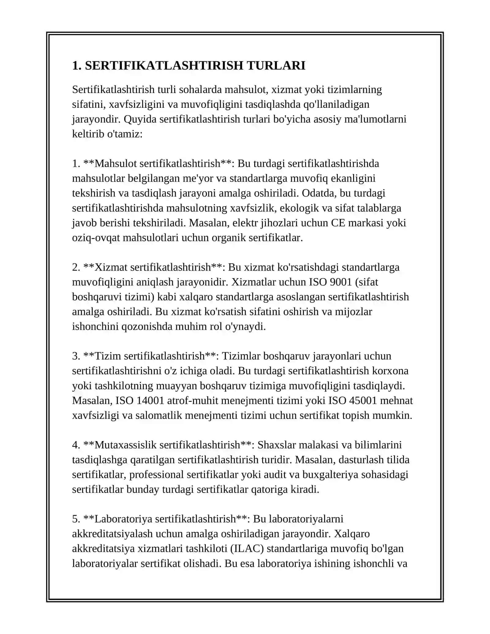 REFERAT Mavzu: SERTIFIKATLASHTIRISH ASOSIY MA’LUMOTLAR XALQARO SERTIFIKATLASHTIRISH TASHKILOTLARI 3