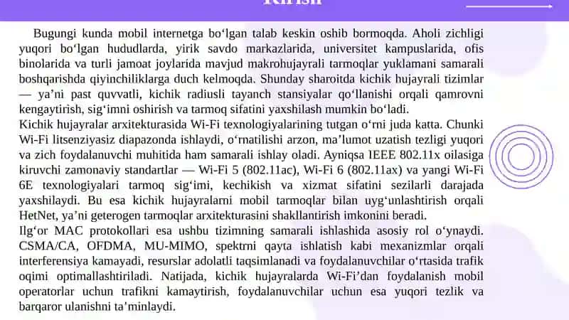 Kichikhujayrali tizimlar uchun ilg‘or MAC protokollari: IEEE 802.11x seriyasi 3