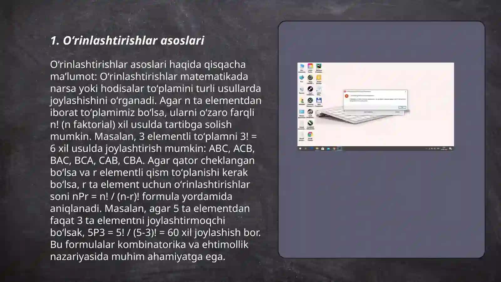 Kombinatorika masalalari. Oʻrinlashtirishlar. Takrorli va takrorsiz guruhlash 3