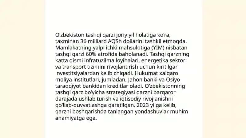 O‘zbekiston tashqi qarzini joriy holat taxli vauning tartibga solish yo‘llari 3