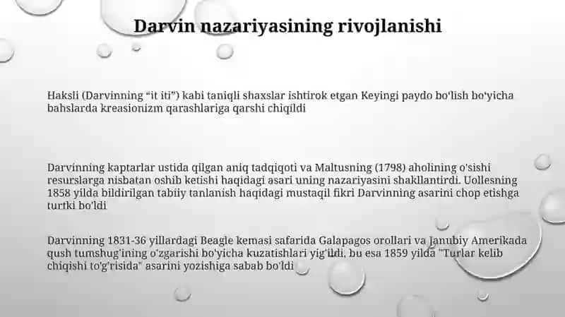 Darvining hayoti ilmiy faoliyati, va boshqa olimlarning evolutsiyaga oid asarlarini oʻrganish 3