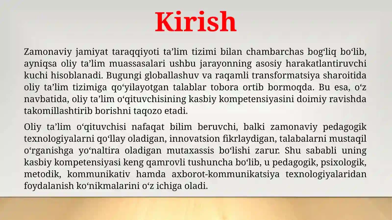 Oliy ta'lim o'qituvchisi kasbiy kompetensiyasini takomillashtirishning nazariy va amaliy aspektlari 3