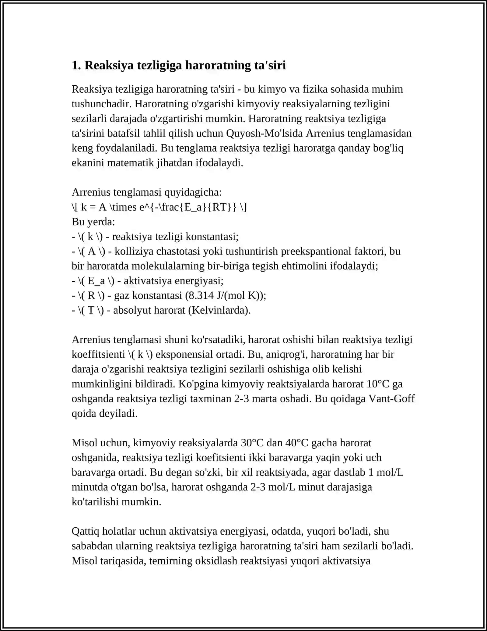 KIMYOVIY VA BIOKIMYOVIY JARAYONLAR TEZLIGI HAMDA MEXANIZMIGA TAʼSIR ETUVCHI FAKTORLAR 3