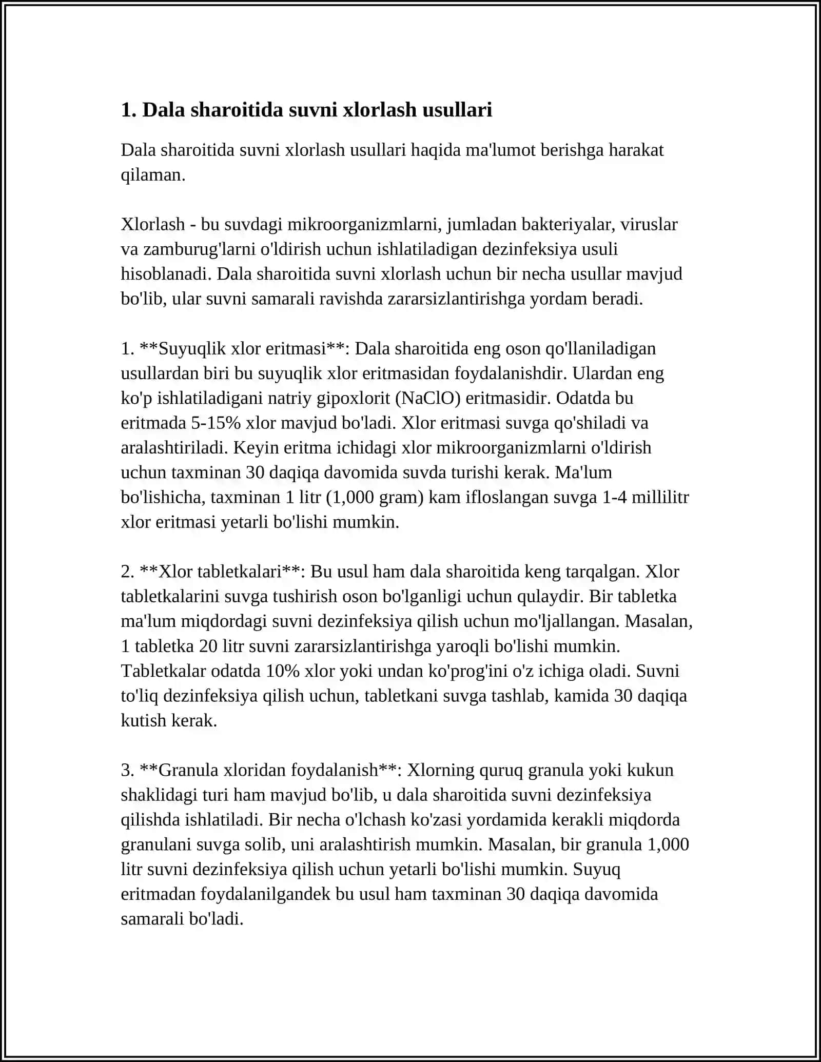 DALA SHAROITIDA SUVNI ODDIY USULDA XLORLASH, KAUGULYANT DOZASINI ANIQLASH, SUVNI ZARARSZLANTIRISH UCHUN TABLETKANI YAROQLIGINI ANIQLASH 3