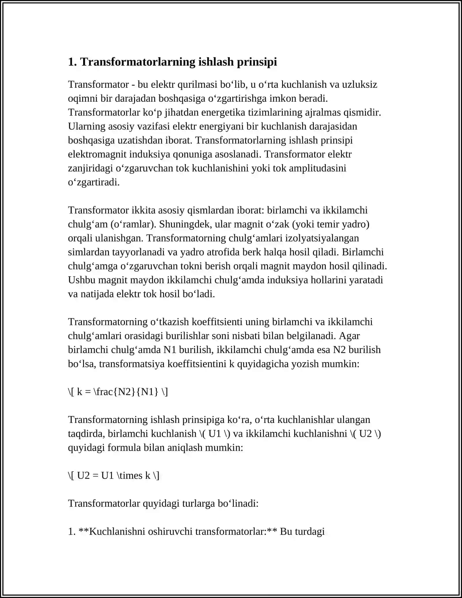 MUSTAQIL ISH Mavzu: TRANSFORMATORLAR 3
