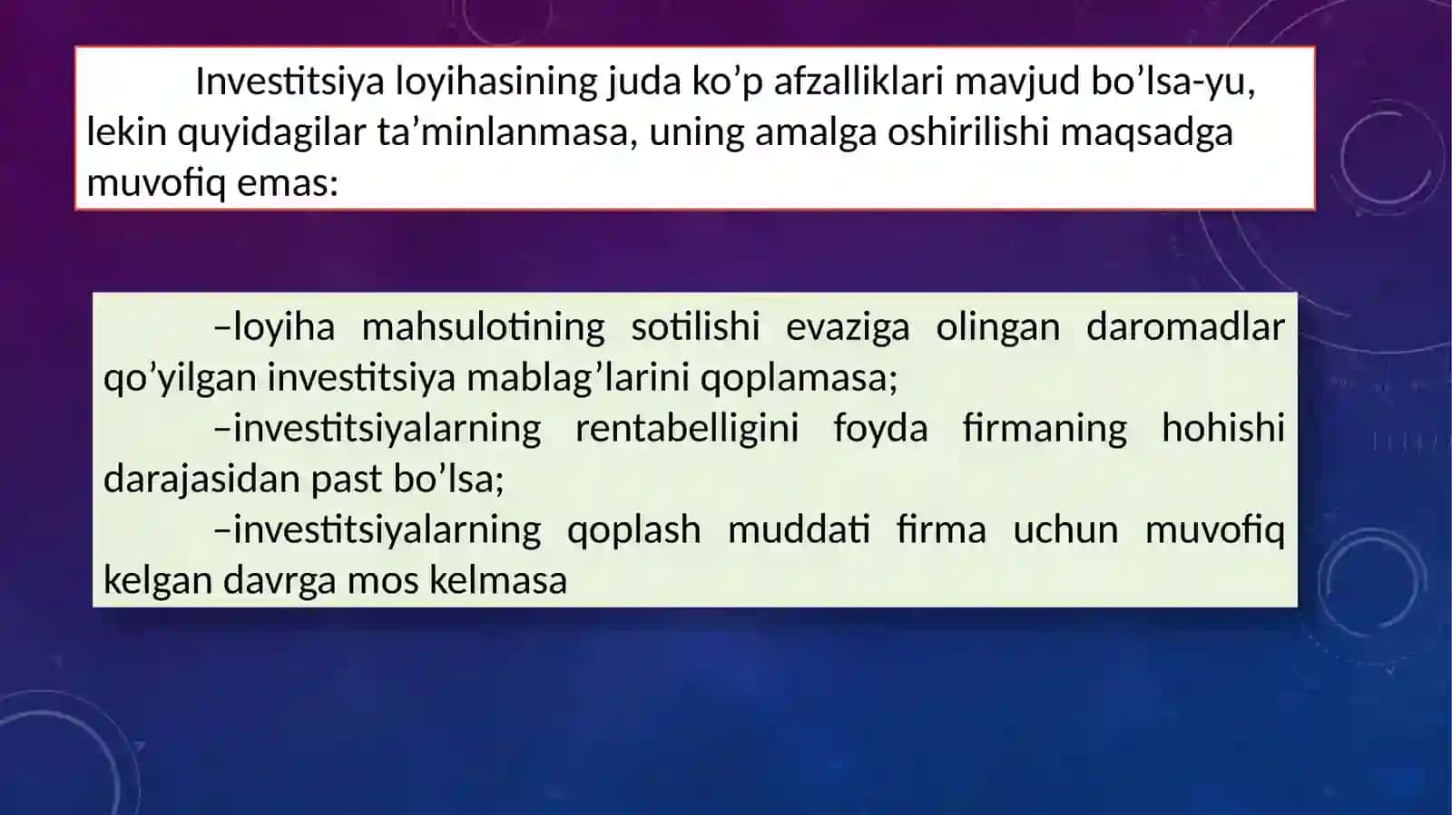 Korxonalar investitsion loyihalarining samaradorlik koʻrsatkichlari va uning taxlili 3