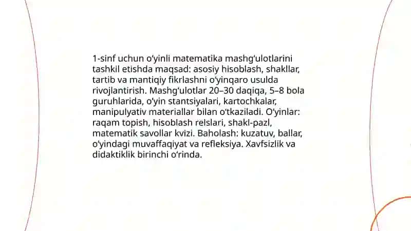 Boshlang'ich sinflarda matematikadan sinfdan tashqari ishlarni tashkil qilish qilish turlari 1 sinf misolida Abdullayeva Oydin 3