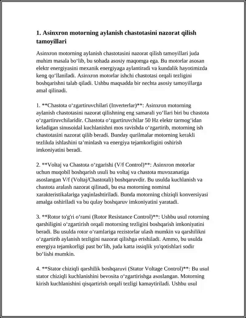 ASINXRON MOTORNING AYLANISH CHASTOTASINI ROSTLASH. ASINXRON GENERATOR, UNDAGI ELEKTROMAGNIT JARAYONLAR VA TAVSIFLARI 3
