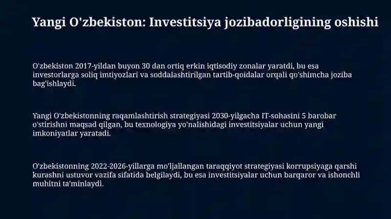 Yangi O'zbekiston investitsiyalar uchun yanada qulay mamlakatbo'libqoladi 3