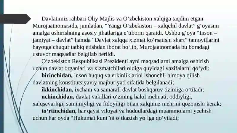 Yangi O’zbekistonda xalqchil va insonparvar davlat qurish. 3