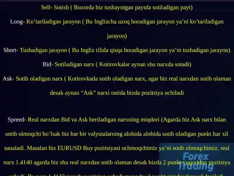FOREX VA AKSIYA BOZORIDAGI KO'P QO'LLANILADIGAN VA KERAKLI ATAMALAR 3