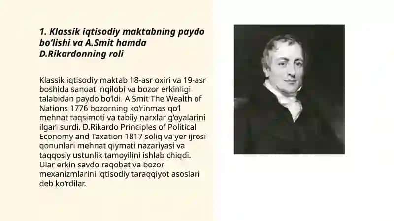 Klassik iqtisodiy maktabning tola shakillanishi A.Smit va D.Rikardolarning iqtisodiy talimlari 3
