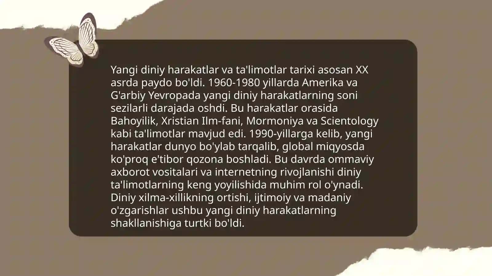 Yangi diniy ta'limotlar va sektalar: Dunyoning konfessional manzarasi,soxta xristianlik harakatlari,bahoiylik, xalqaro krishnani anglash jamiyati 3