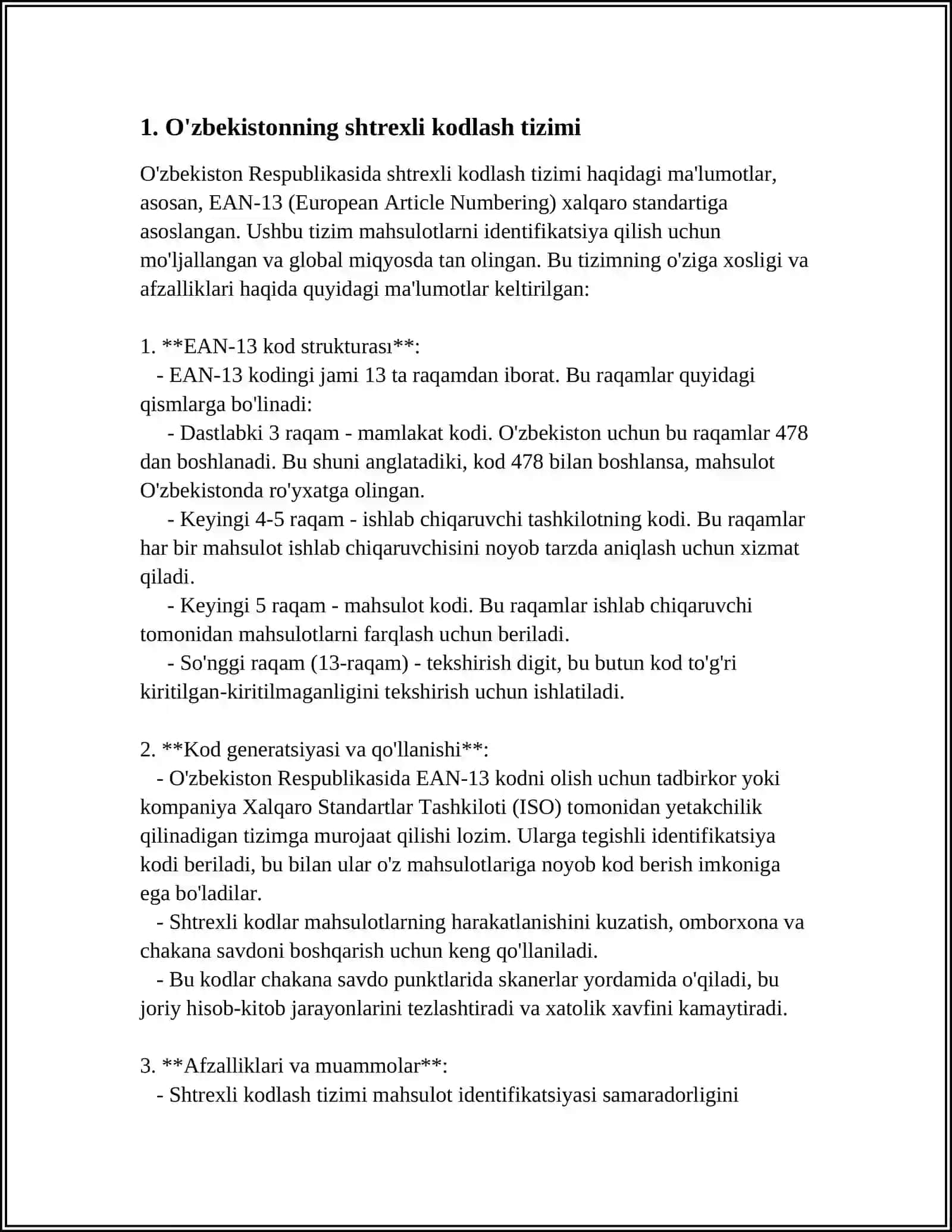 O'ZBEKISTON RESPUBLIKASI SHTREXLI KODLASH DAVLAT MUASSASASI 3