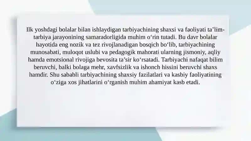 Ilk yoshdagi bolalar bilan ishlaydigan tarbiyachining shaxsi va faoliyatining o‘ziga xos xususiyatlari 3