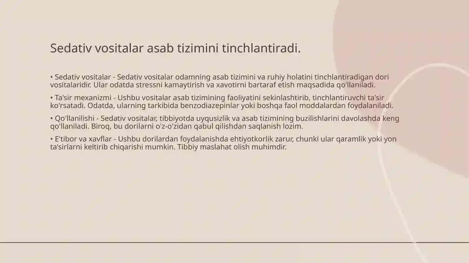 Sedativ vositalar. Nootrop vositalar. Analeptiklar. Psixostimulyatorlar. Depressiyaga qarshi vositalar 3