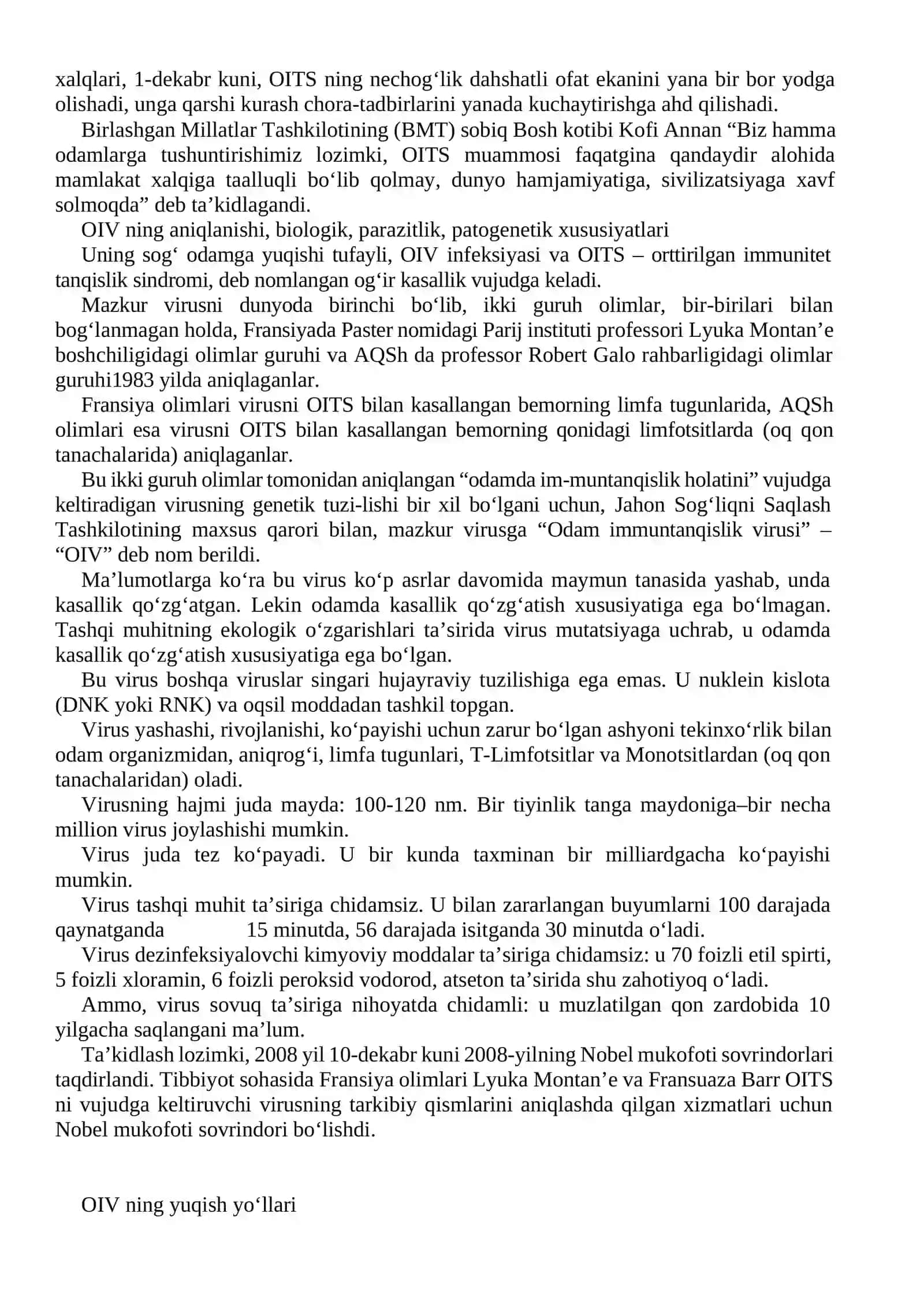 OIV (odam immuntanqislik virusi) infeksiyasi profilaktikasi – global muammo 3