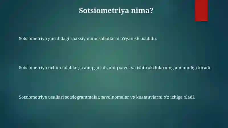 Sotsiometriya metodi:turlari va unga qo'yiladigan talablar 3