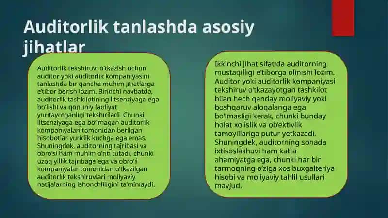 Taqdimot  Mavzu: Auditorlik tanlashda asosiy jihatlari Auditorlik tekshiruvining yakuniy bosqichi 3