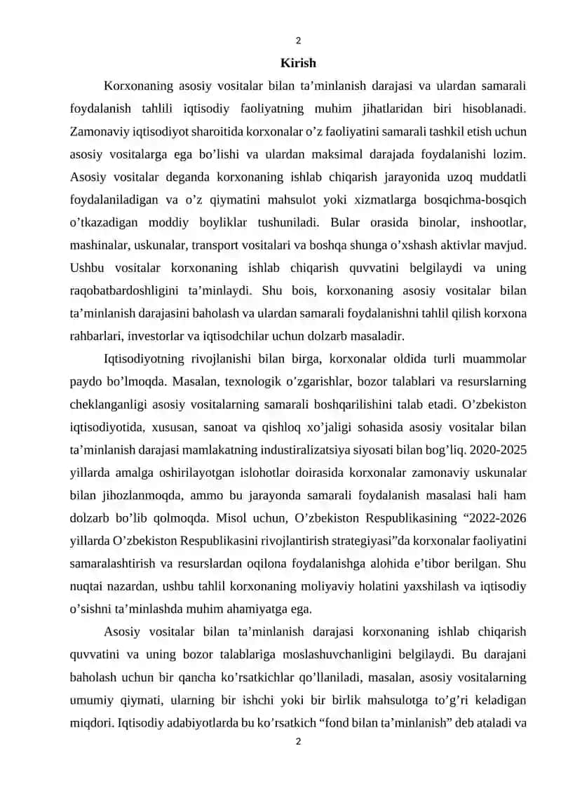 Korxonaning Asosiy Vositalar Bilan Ta’minlanish Darajasi va Ulardan Samarali Foydalanish Tahlili 3